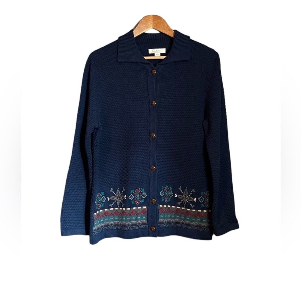 Tradition navy collared patterned cardigan‎